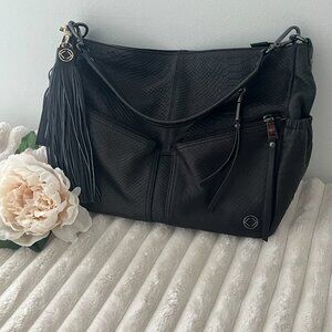 KeriKit Conda Lennex Midi Handbag, Black Snakeskin Leather Purse, Gunmetal